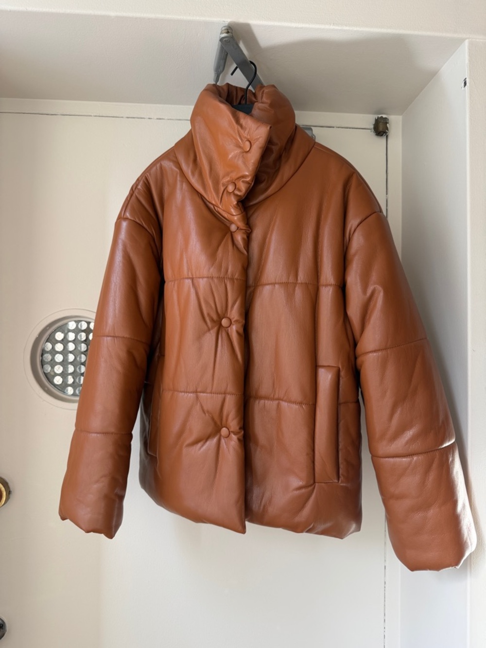 Nanushka Cognac Leather-Look Puffer Jacket
